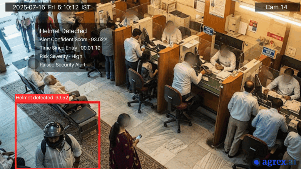AI video analytics system detects a person wearing a helmet near an ATM, triggering a security alert to prevent possible security risks in banking premises.