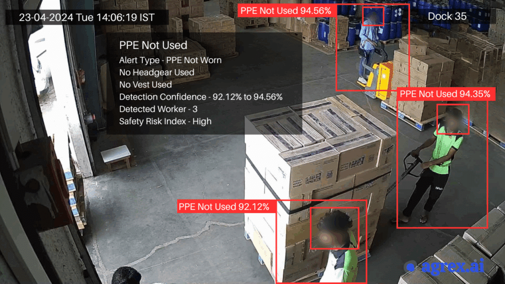 CCTV image in a manufacturing plant highlighting PPE compliance detection, identifying workers without helmets or safety vests through video analytics.