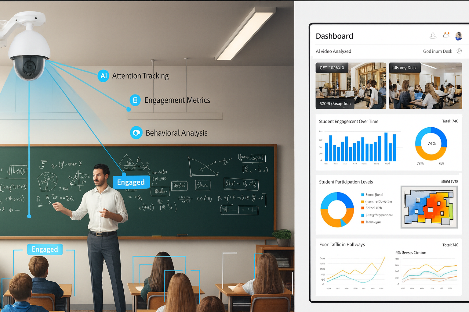 Classroom with AI video analytics dashboard showing student engagement, participation levels, attention tracking, and hallway foot traffic insights.