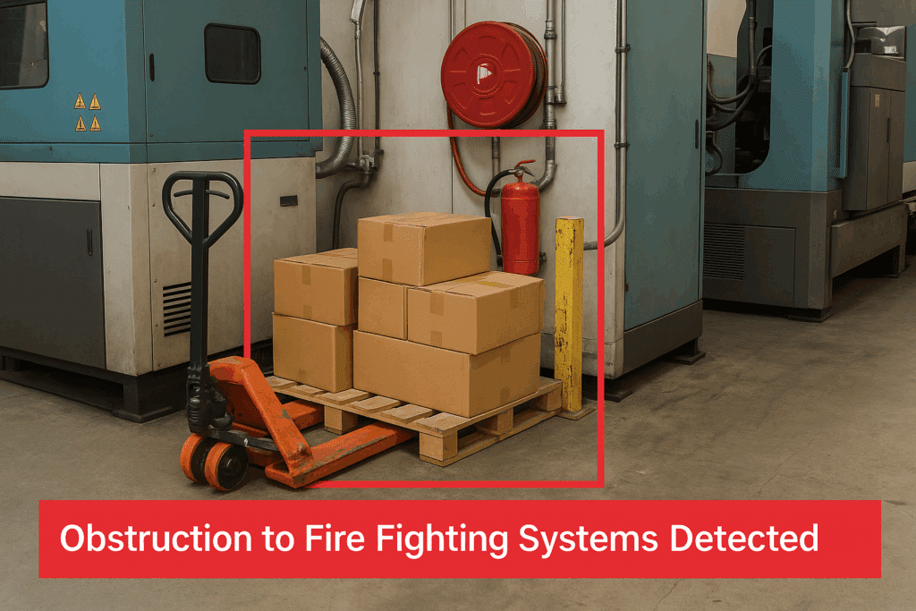 Annotated CCTV image from a manufacturing plant showing fire extinguishers blocked by stacked boxes, flagged as obstruction to fire fighting systems.