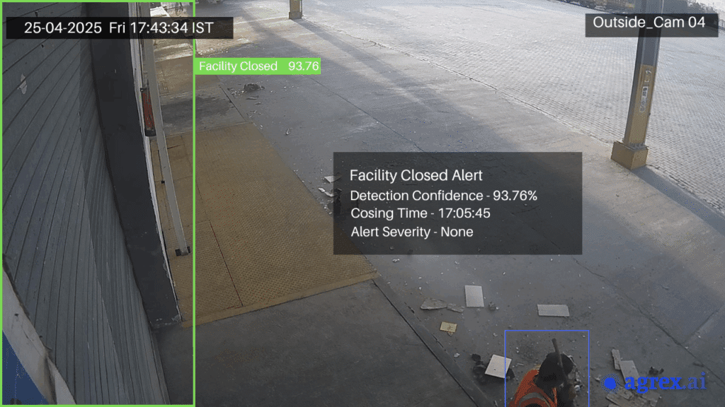 CCTV image showing a manufacturing facility’s shutter opening and closing, flagged by video analytics to track site access and operational compliance.