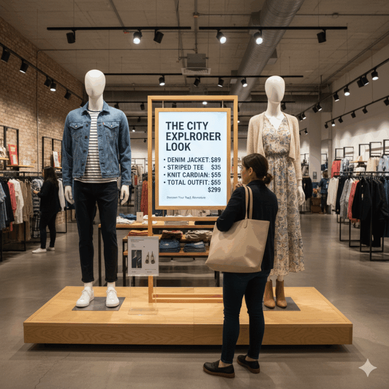 A female customer studying a promotional mannequin display in an apparel store. The display features two mannequins, widely spaced, next to a large, clear sign detailing the price and components of the "Total Outfit Look," illustrating a merchandising strategy informed by retail video analytics.