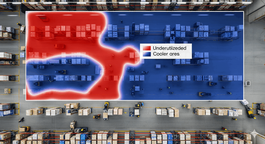 Warehouse workflow bottleneck locations highlighted with a heatmap overlay using logistics video analytics for process optimization.