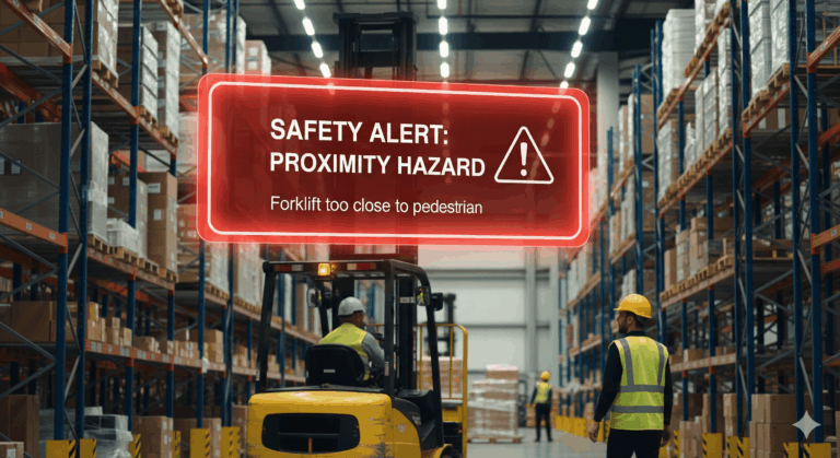 Warehouse dashboard showing automated alerts from logistics video analytics for safety, security, and efficiency monitoring.