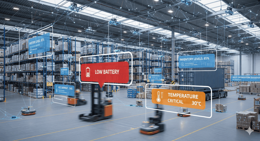 Warehouse environment monitored through logistics video analytics for hazard and anomaly detection, such as blocked aisles and unsafe practices.