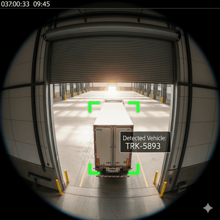 Truck entering a warehouse gate with number plate recognition camera, illustrating ANPR in logistics video analytics for vehicle monitoring.