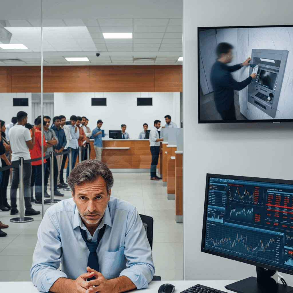 A stressed male bank manager sits at his desk, looking directly at the viewer, with a long customer queue visible behind him. A monitor on the right displays a person tampering with an ATM, while another monitor shows financial data, illustrating the multiple pressures faced in banking operations.