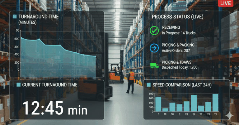 Warehouse dock with trucks monitored by logistics video analytics for automated turnaround time calculation using entry and exit data.