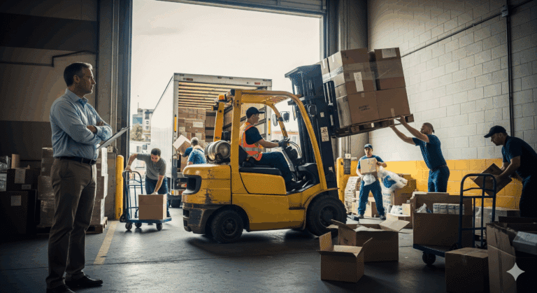 Forklift lifting boxes at a warehouse dock monitored by logistics video analytics for manager allocation and dock management.