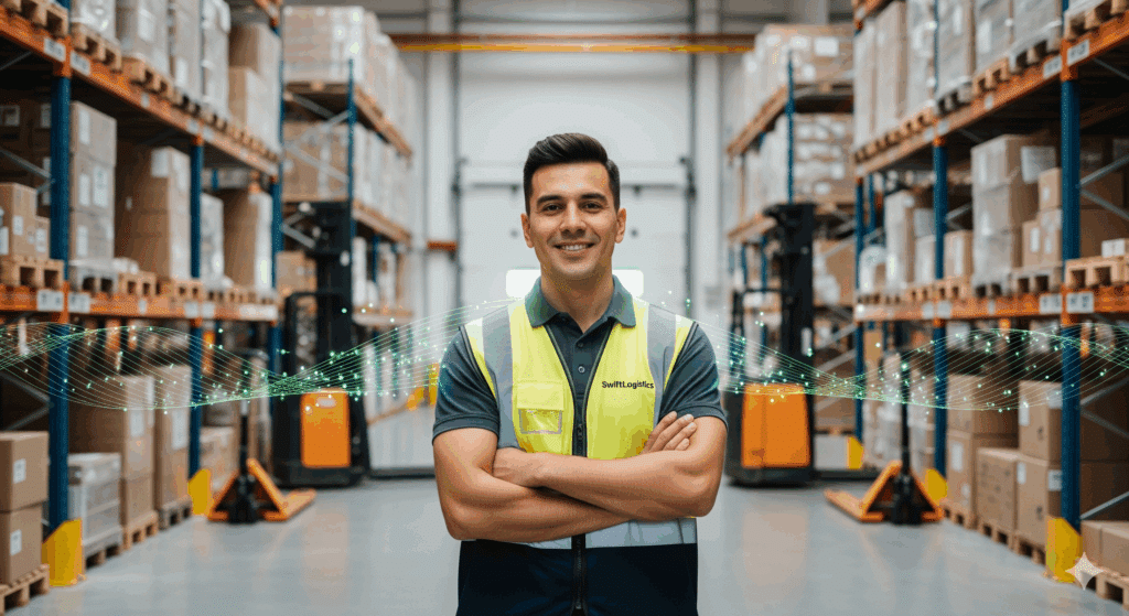 Warehouse worker in PPE standing in facility, representing automated productivity measuring through logistics video analytics.