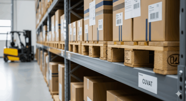 Logistics video analytics applied in a warehouse with forklifts and stacked pallets for tracking operations and productivity.