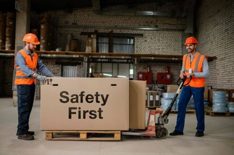 Warehouse workers wearing PPE such as helmets and safety vests, monitored through logistics video analytics for adherence and compliance.