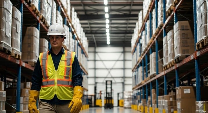Warehouse workers monitored by logistics video analytics for automated PPE compliance, ensuring safety gear like helmets and vests are worn.