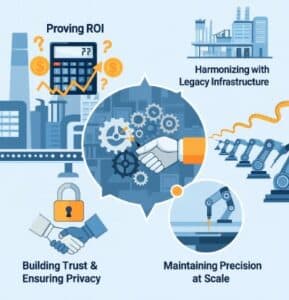 Illustration of manufacturing video analytics challenges, including ROI measurement, legacy infrastructure integration, precision at scale, and building trust in AI systems.