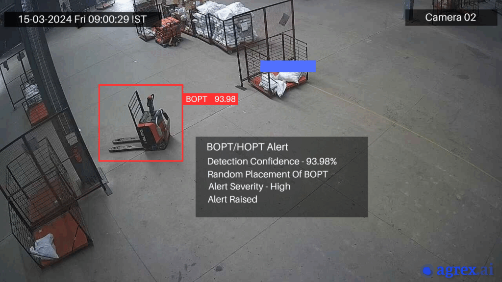 CCTV image of a manufacturing plant showing a battery operated pallet truck (BOPT) parked in an unauthorized zone, flagged as a safety and workflow risk.