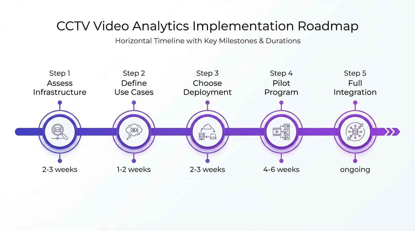 CCTV video analytics implementation roadmap showing 5 steps from infrastructure assessment to full integration
