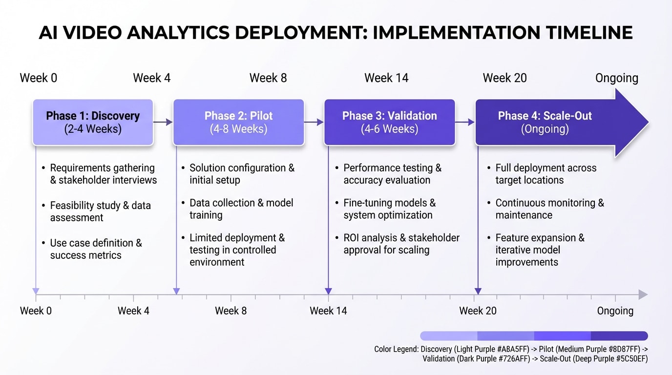 AI video analytics 4-phase deployment timeline from discovery through scale-out