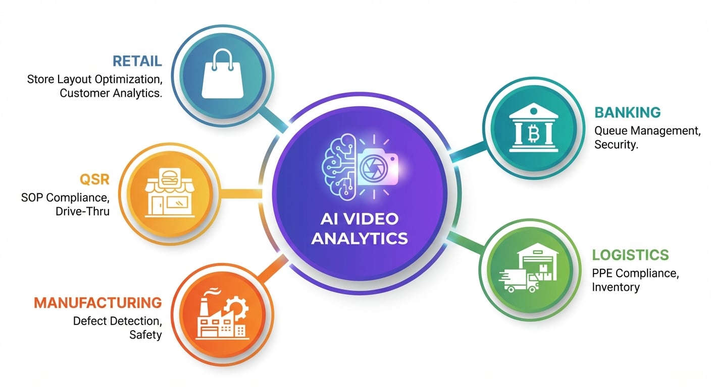 AI video analytics applications across 5 industries: retail, banking, logistics, manufacturing, and QSR