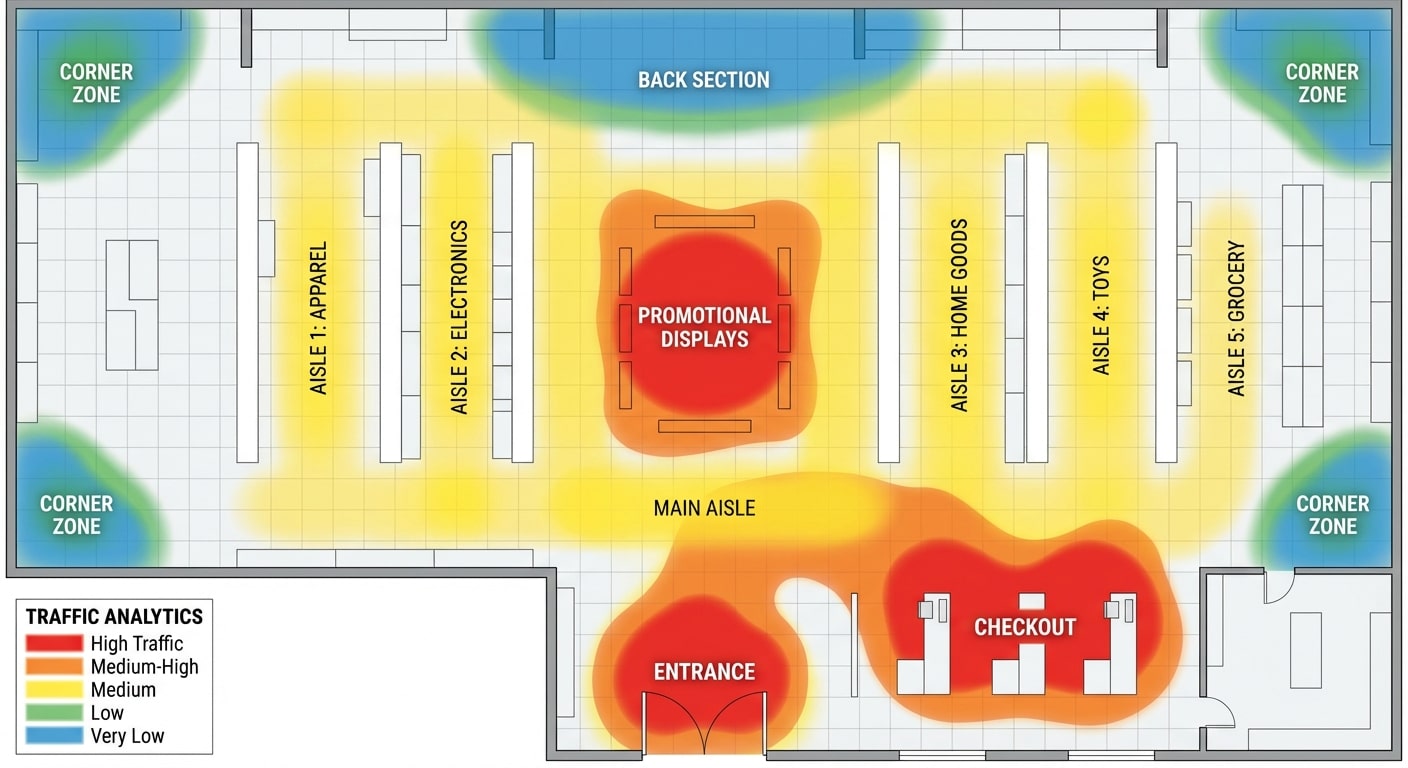 Heatmap visualization showing customer movement and dwell time patterns