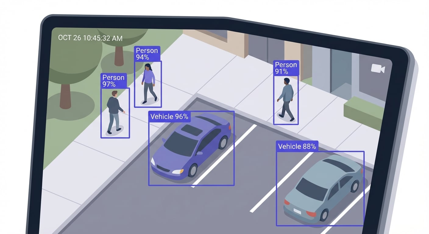Object detection in video analytics showing bounding boxes and confidence scores