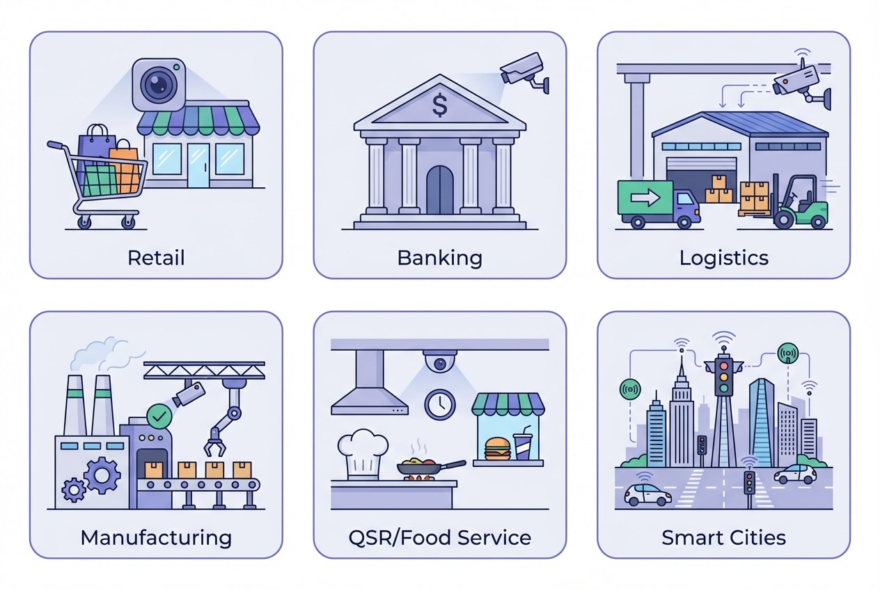 Video analytics industry applications across retail, banking, logistics, manufacturing, QSR, and smart cities