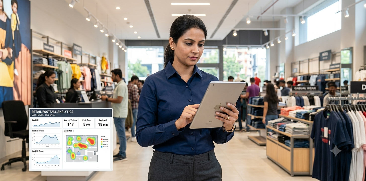 Indian retail manager reviewing live footfall analytics dashboard on tablet — AIVIS