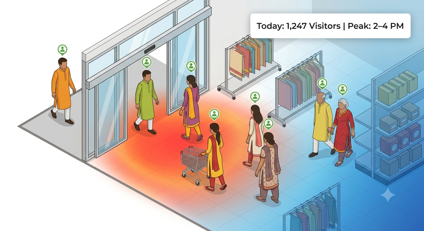Footfall analytics dashboard showing visitor counts and zone heatmaps