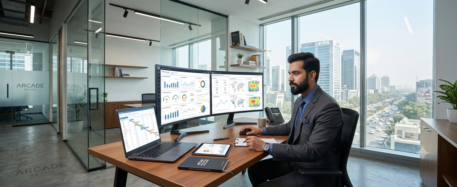Indian enterprise manager reviewing footfall analytics performance dashboard — Agrex AI