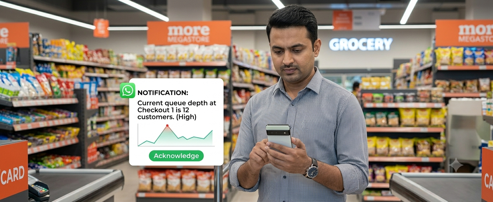 Indian store manager receiving real-time WhatsApp queue alert in More Megastore — AIVIS