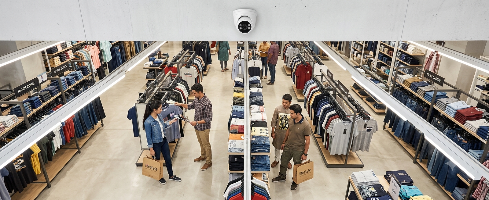 Overhead view of Indian retail store with IP dome camera tracking footfall — Agrex AI