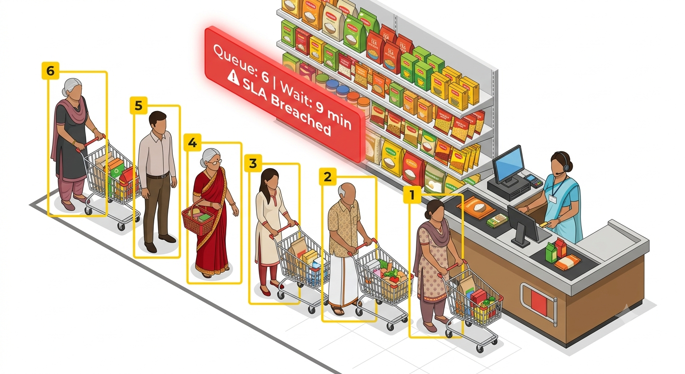 AI queue management dashboard showing real-time checkout depth