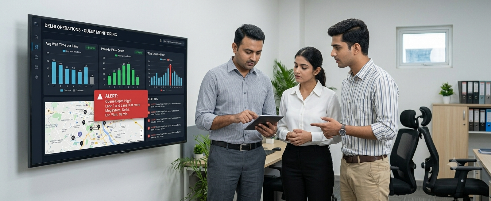Indian retail operations team reviewing live queue monitoring dashboard — Agrex AI AIVIS