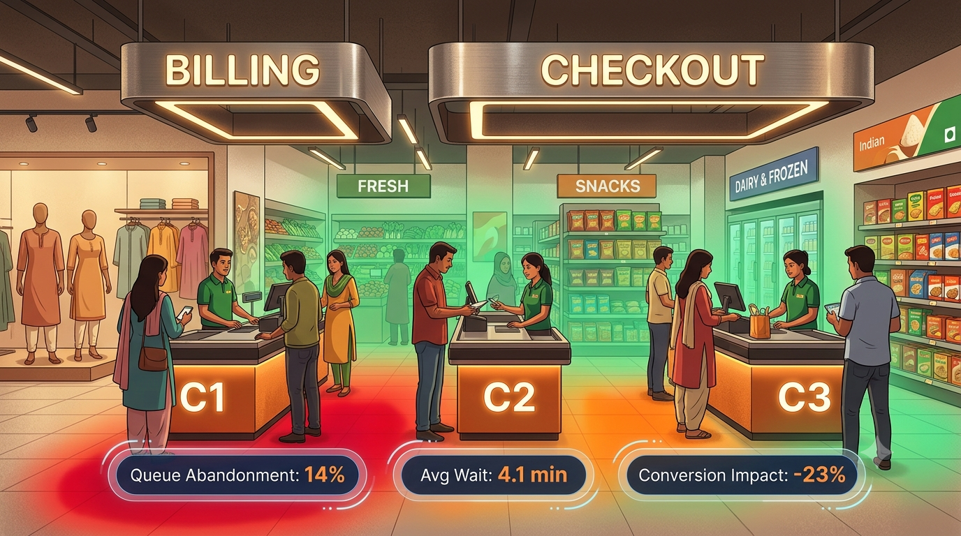retail queue management AI system showing queue abandonment risk at Indian supermarket checkout counters