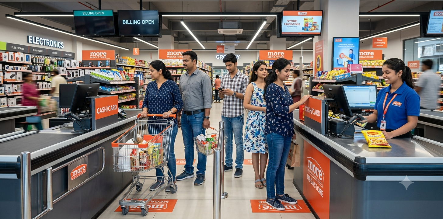 Customers in checkout queue at Indian retail store — AIVIS queue analytics by Agrex AI